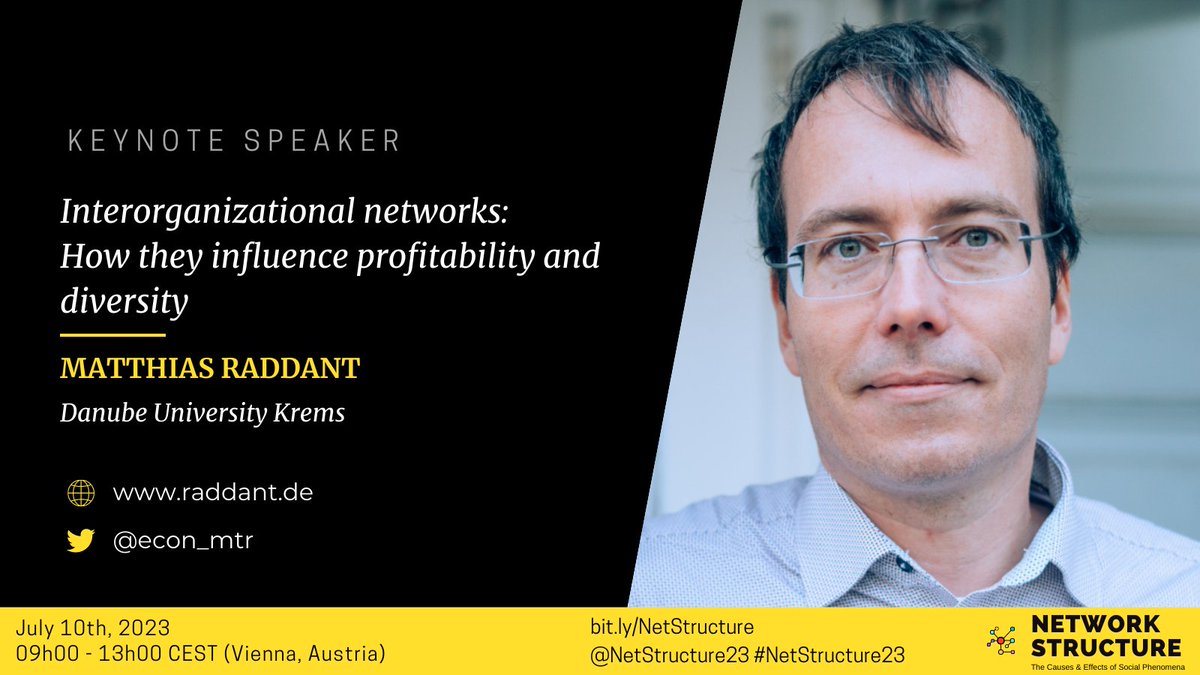 NetStructureX's tweet photo. Join us as we welcome our 1st keynote, Matthias Raddant @econ_mtr from @unikrems & @CSHVienna, who will present 'Interorganizational networks: how they influence profitability and diversity' Get ready for an inspiring talk!
@NetStructure23 #NetStructure23 #NetSci2023 @netsci2023 https://t.co/BNt1F80GxA