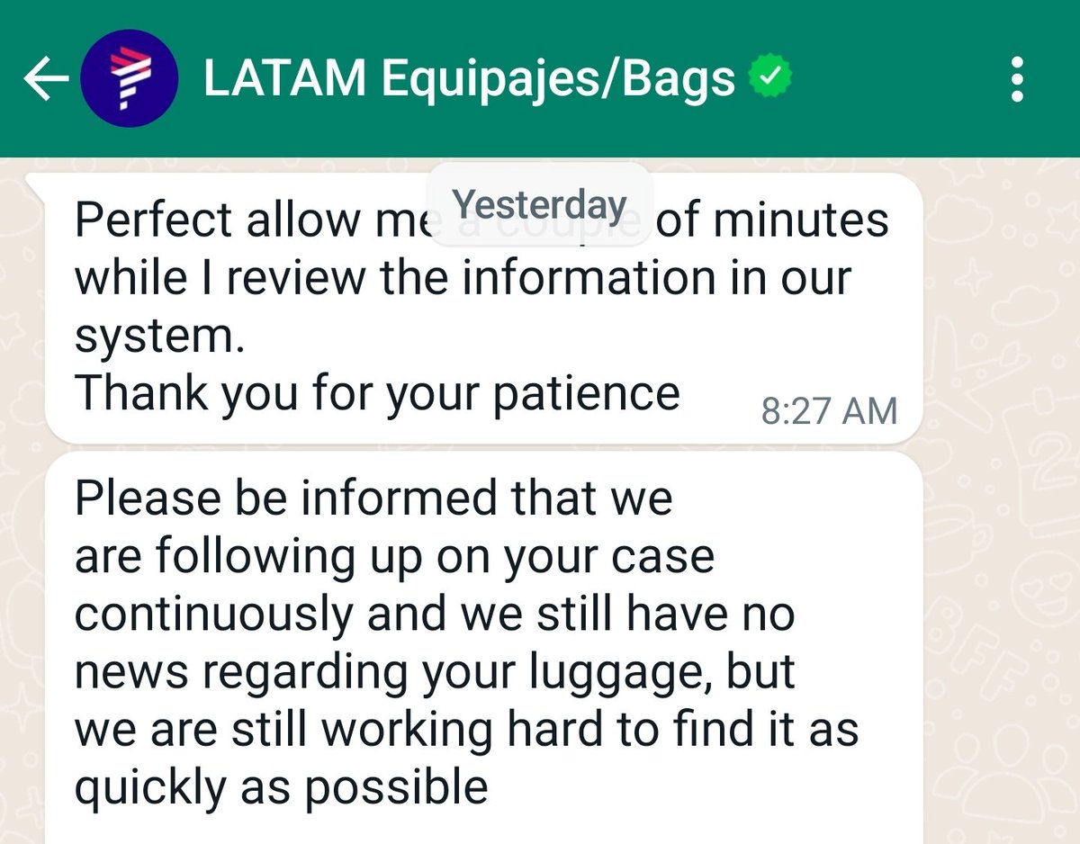 desnamjp's tweet photo. It's been 8 days @LATAMAirlines and no one has called or directed me to file a claim. I've reached my limit. If customer service is too busy to answer,  then how many bags are you losing? @Gate1Travel please remove LATAM from your preferred list. need to file a claim for my loss https://t.co/PNxMUPZGuA