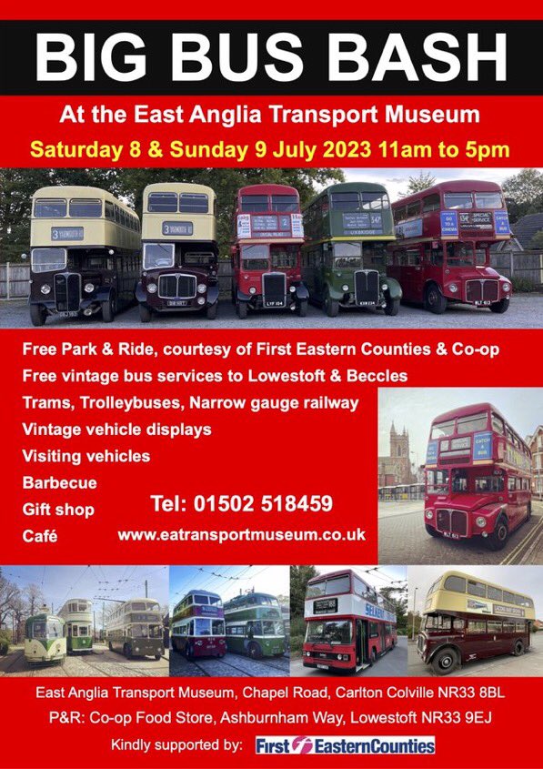 LowestoftCentr1's tweet photo. Today free vintage buses connecting with the @EATransportMus #BigBusBash call at @greateranglia #Lowestoft station every 30minutes. A great event and a good way to escape the rain with buses, trams, trolley buses and train rides plus lots of indoor exhibits too! https://t.co/EEqxEusxMq