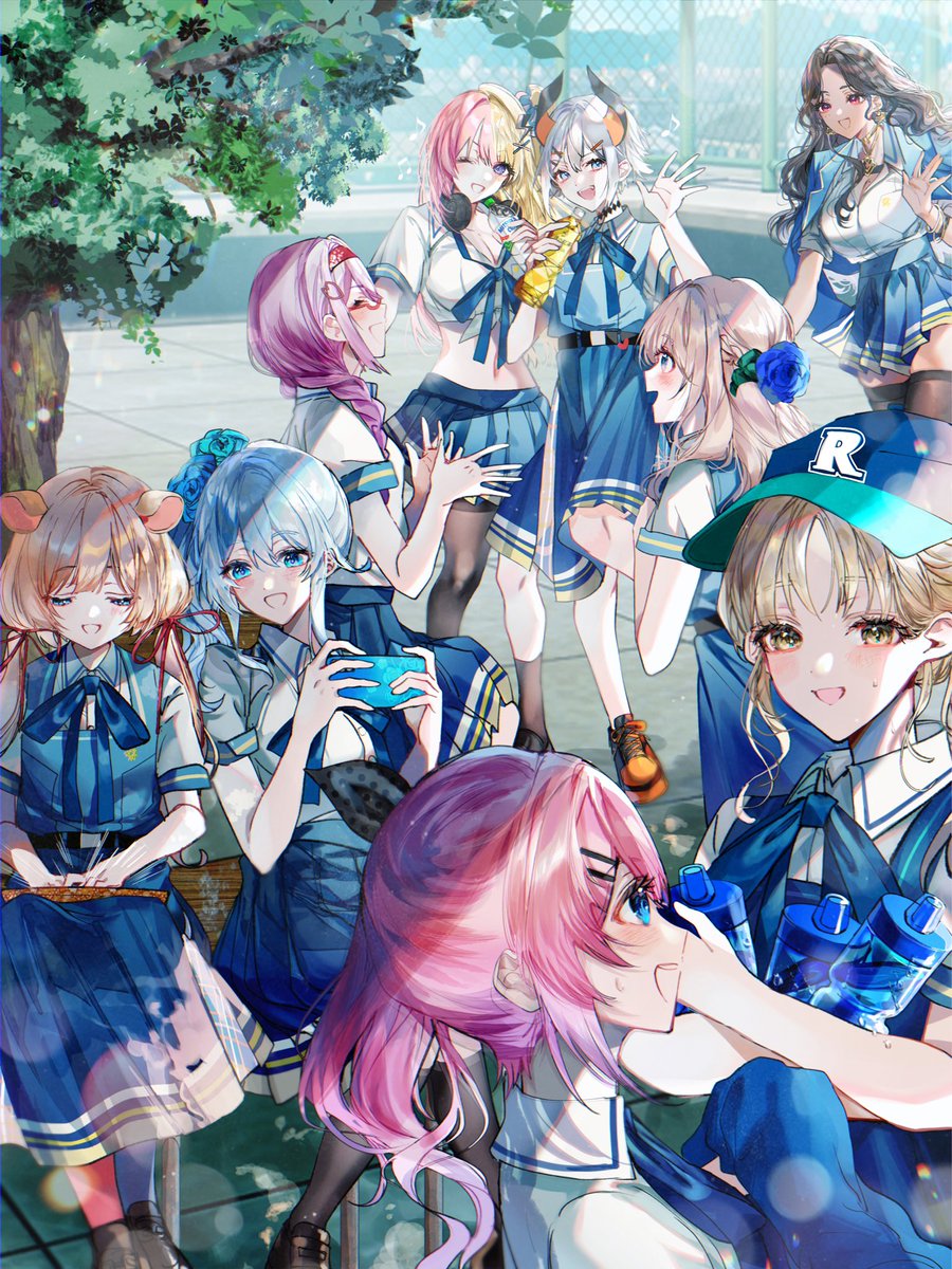 multiple girls 6+girls pink hair skirt blue eyes hair ornament horns  illustration images