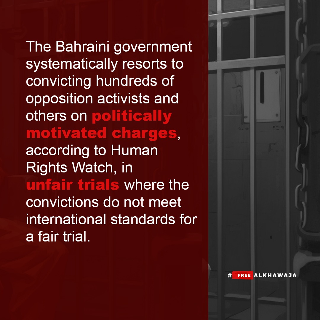 FreeAlKhawaja's tweet photo. The Bahraini authorities deny Abdulhadi Al-Khawaja and others fair trials. Delays in appointing defense lawyers, restricted visits, and denial of attendance. We demand fair trials and legal representation for Bahraini political prisoners. #JusticeForBahrain #FreeAlkhawaja https://t.co/B5RUW1cCnD