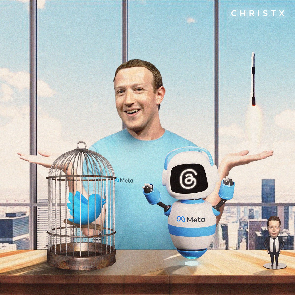 christxdigitals's tweet photo. Sorry @Twitter @elonmusk
Has Zuckerberg finally captured your bird?

@christxdigitals #christxdigitals 
#Threads #MarkZuckerberg #meta #ElonMusk #Twitter #TwitterIsDead https://t.co/XbJ09iHeMD