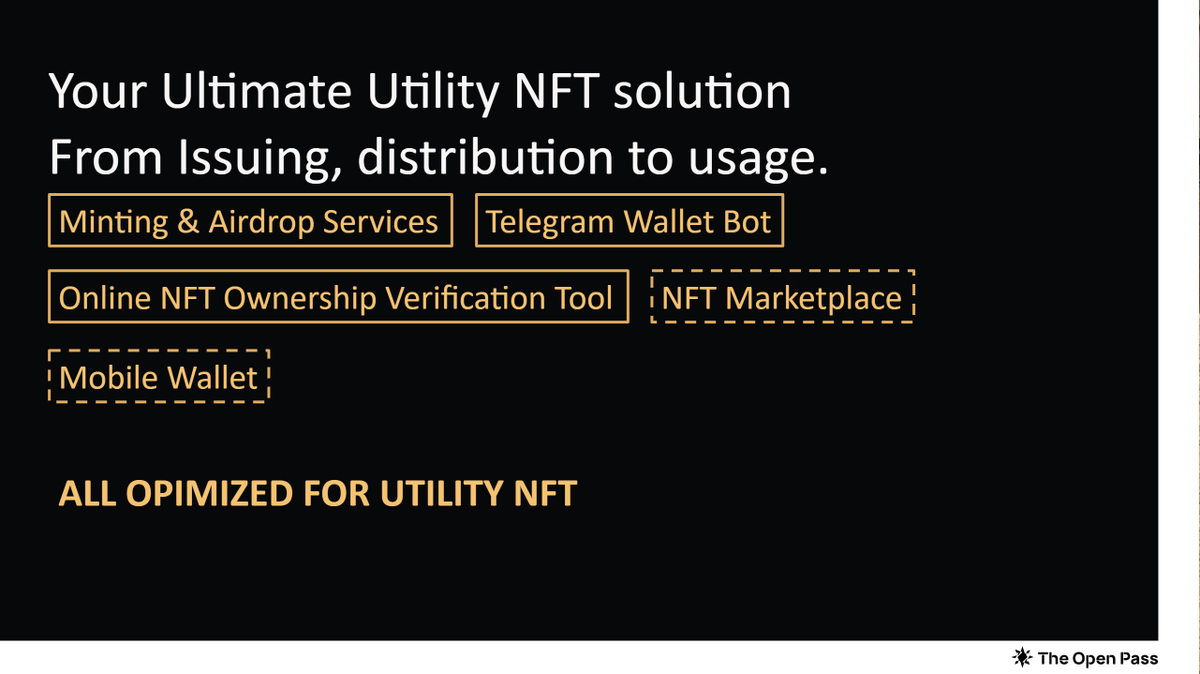 TheOpenPass's tweet photo. Unleash the potential of NFT with The Open Pass!

Our service included:
1. Utility NFT minting 
2. NFT airdrop to telegram account
3. Easy to use NFT wallet bot
4. Redemption solution for utility NFTs with real life perks

Here's how we can enhance your NFT collection: (1/4) https://t.co/lff8O2IEWW