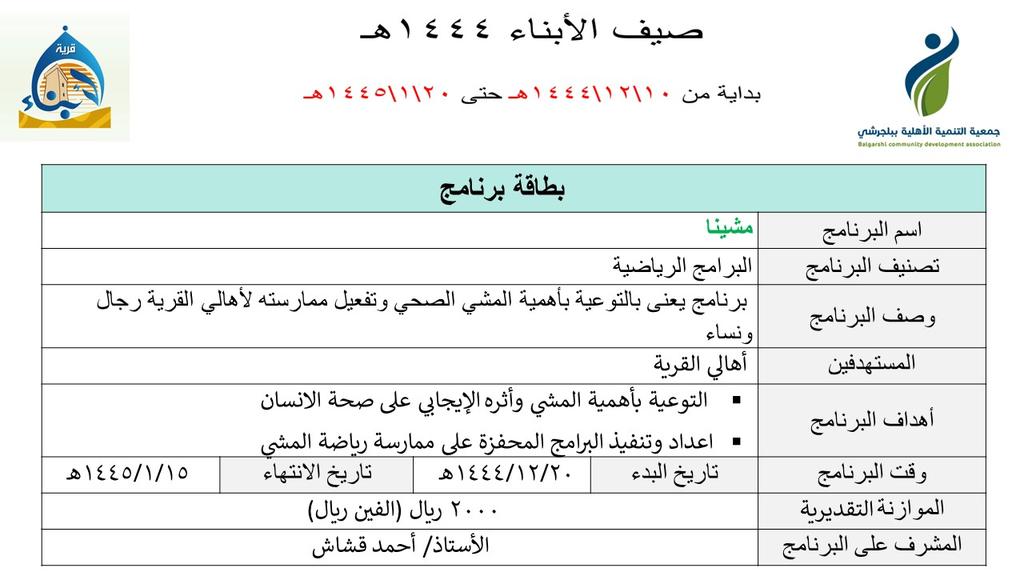 alabnaaaa's tweet photo. " مشينا" برنامج يهدف الى تعزيز الصحة ورفع جودة الحياة لدينا.
مركز قريةالابناء الاجتماعي يرحب بمشاركة الجميع في برنامجنا هذا.
@TBalj 
#الباحة 
#بلجرشي 
#مساء_الخيرᅠ https://t.co/a3QgKhUOk6