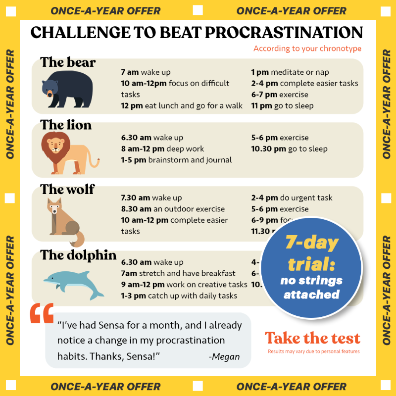 SensaHealth's tweet photo. 🌟Discover effective strategies and techniques to break free of procrastination with Sensa
🌟For a limited time only we’re offering an exclusive 7-day trial. 🎁
