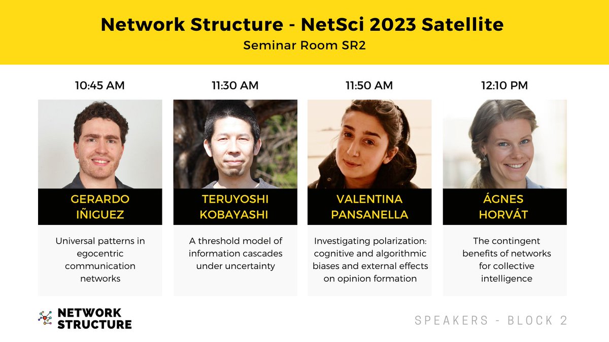 NetStructureX's tweet photo. 🚀 The excitement continues at #NetStructure23 with a power-packed 2nd block of presentations! 
1️⃣ Communication networks, @iniguezg 
2️⃣ Information cascade, Teruyoshi Kobayashi
3️⃣ Opinion formation, @VPansanella 
4️⃣ Collective intelligence, Ágnes Horvát

#NetSci2023 @NetSci2023 https://t.co/ea2mDCVjGs