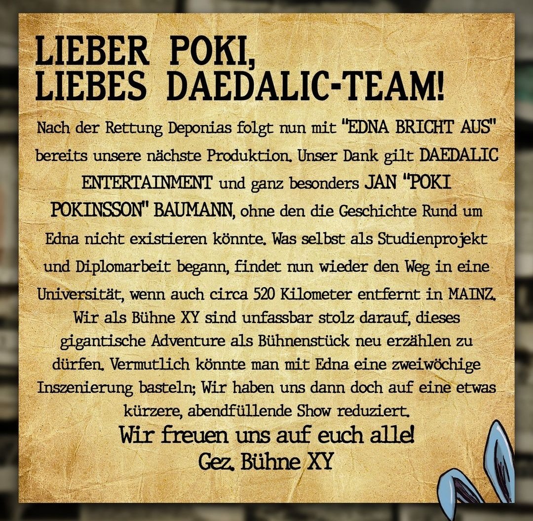 Ein paar Dankesworte an die Menschen, ohne die dieses Projekt gar nicht erst existieren könnte. 💜💙

#theater #daedalic #videogames #gaming