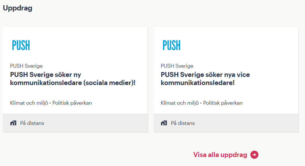 pushsverige's tweet photo. PUSH har nya uppdrag ute på volontärbyrån! Sök själv eller skicka till någon som vill utvecklas inom kommunikation och klimatfrågor. Vi svarar gärna på frågor. https://t.co/O9jeRpZrsq