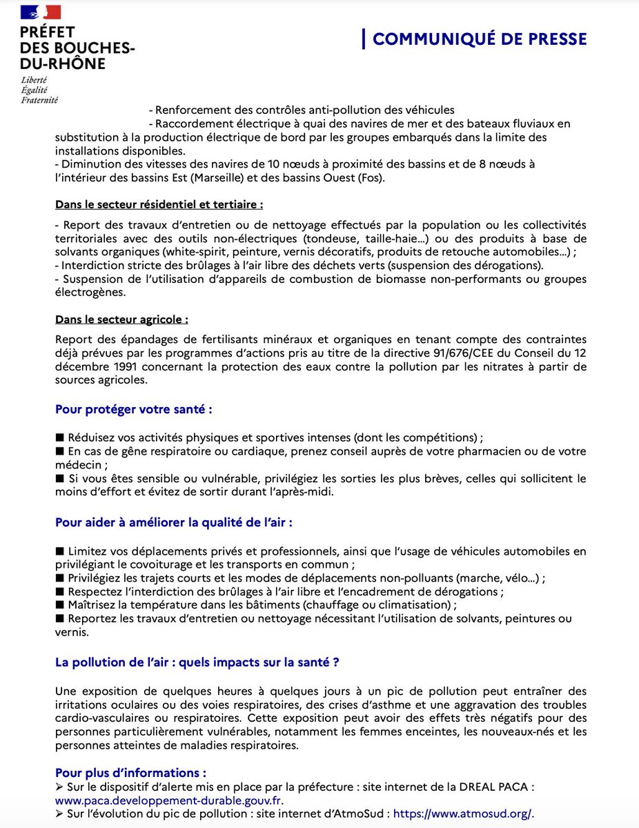 🔴#Pollution | Ce lundi 10 juillet, <a href="/Prefet13/">Préfet de la région Provence-Alpes-Côte d'Azur</a> déclenche la procédure d'alerte de niveau 1 relative à l'épisode de pollution de l'air à l'#ozone en cours dans les Bouches-du-Rhône.
📍Notre communiqué de presse sur les recommandations sanitaires &amp; les mesures mises en oeuvre ⬇️