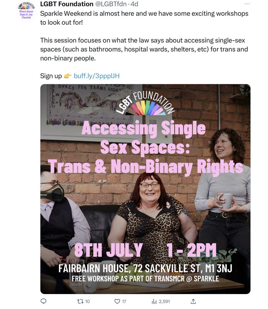 What an interesting workshop run by the LGBT Foundation yesterday. 

“How to transgress womens boundaries and how to weaponise the law in order to do so”. 

#TransRightsAreMensDemands