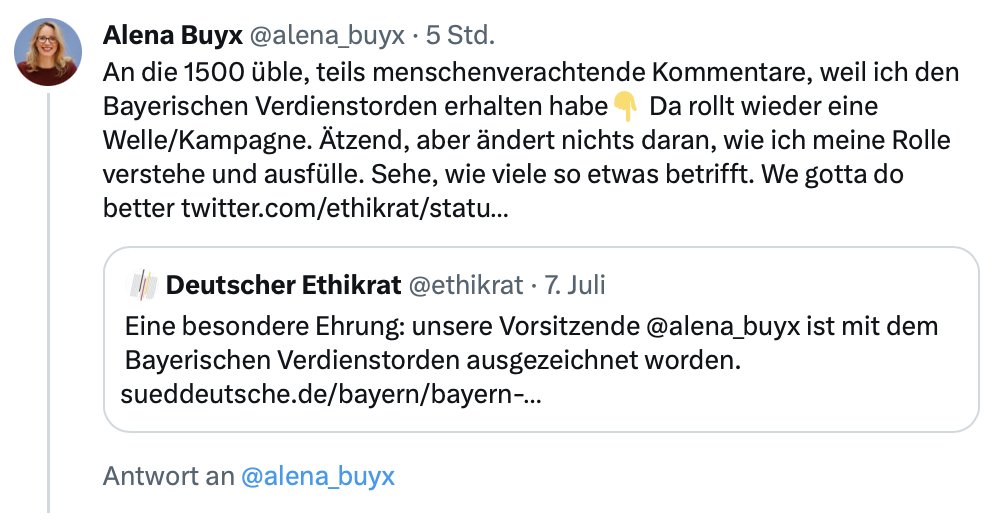 Dr. Markus Krall (@markus_krall) on Twitter photo Wie man in den Wald hineinruft, so schallt es auch wieder heraus. Und Sie, Frau <a href="/alena_buyx/">Alena Buyx</a> , haben sich in schwerster Weise schuldig gemacht und ihre Hetze gegen Ungeimpfte und Andersdenkende als Ethik bemäntelt. Sie haben sich so im Hochgefühl der geliehenen Macht geaalt, dass Wie man in den Wald hineinruft, so schallt es auch wieder heraus. Und Sie, Frau <a href="/alena_buyx/">Alena Buyx</a> , haben sich in schwerster Weise schuldig gemacht und ihre Hetze gegen Ungeimpfte und Andersdenkende als Ethik bemäntelt. Sie haben sich so im Hochgefühl der geliehenen Macht geaalt, dass
