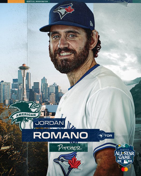  Jordan Romano, AL pitcher 2023 All-Star Game presented by Mastercard.
Pictured: A photo day shot of Jordan Romano in front of a background of the Seattle skyline.