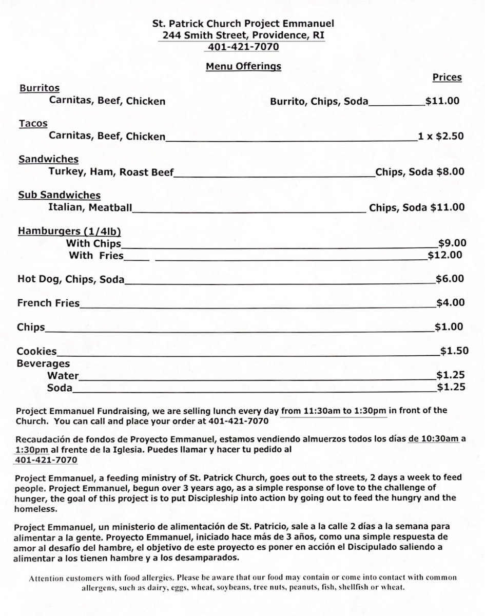 catholicmamaRI's tweet image. As a fundraiser for the Project Emmanuel feeding ministry, lunch is being sold Monday-Friday, from 10:30am-1:30pm at St. Patrick Church, 244 Smith St., Providence. #Catholic #WorkOfMercy #Providence