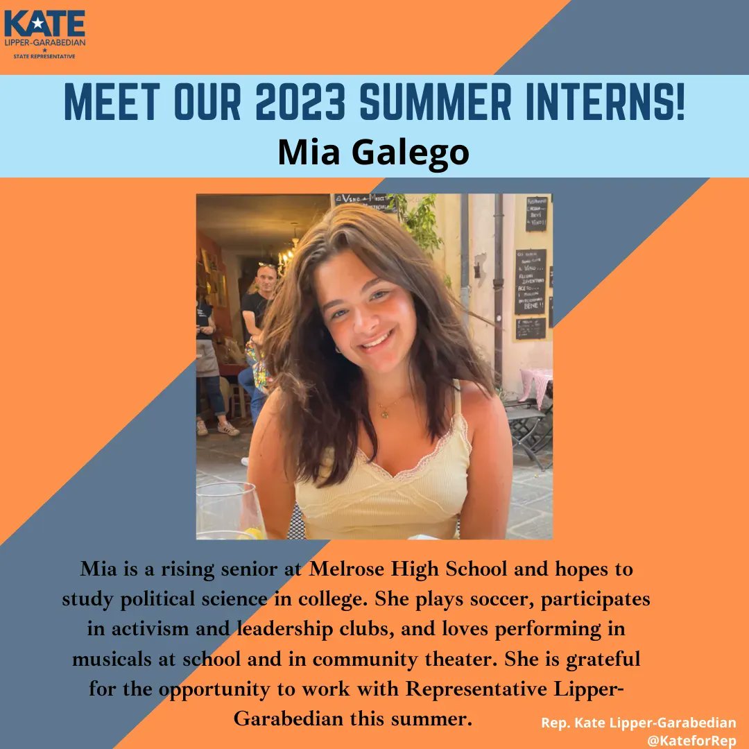 KateforRep's tweet photo. Next up on #TeamKLG's summer intern rollout: Mia Galego! Mia is a rising senior at @MelrosePS High School & hopes to study political science in college. She plays soccer, participates in activism/leadership clubs, & loves performing in musicals at school & in community theater. https://t.co/hwKgANyDQd