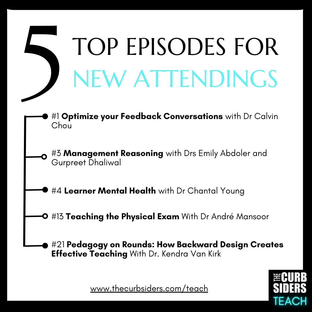 New attendings, are you excited to take on your new role?! Here is our curated list of top 5 episodes to get your skills up to speed! thecurbsiders.com/teach #MedEd @ACPIMPhysicians @FamilyMedForum @SocietyGIM @aafp @UCSFMedEd21 @AndreMansoor @societyhospmed