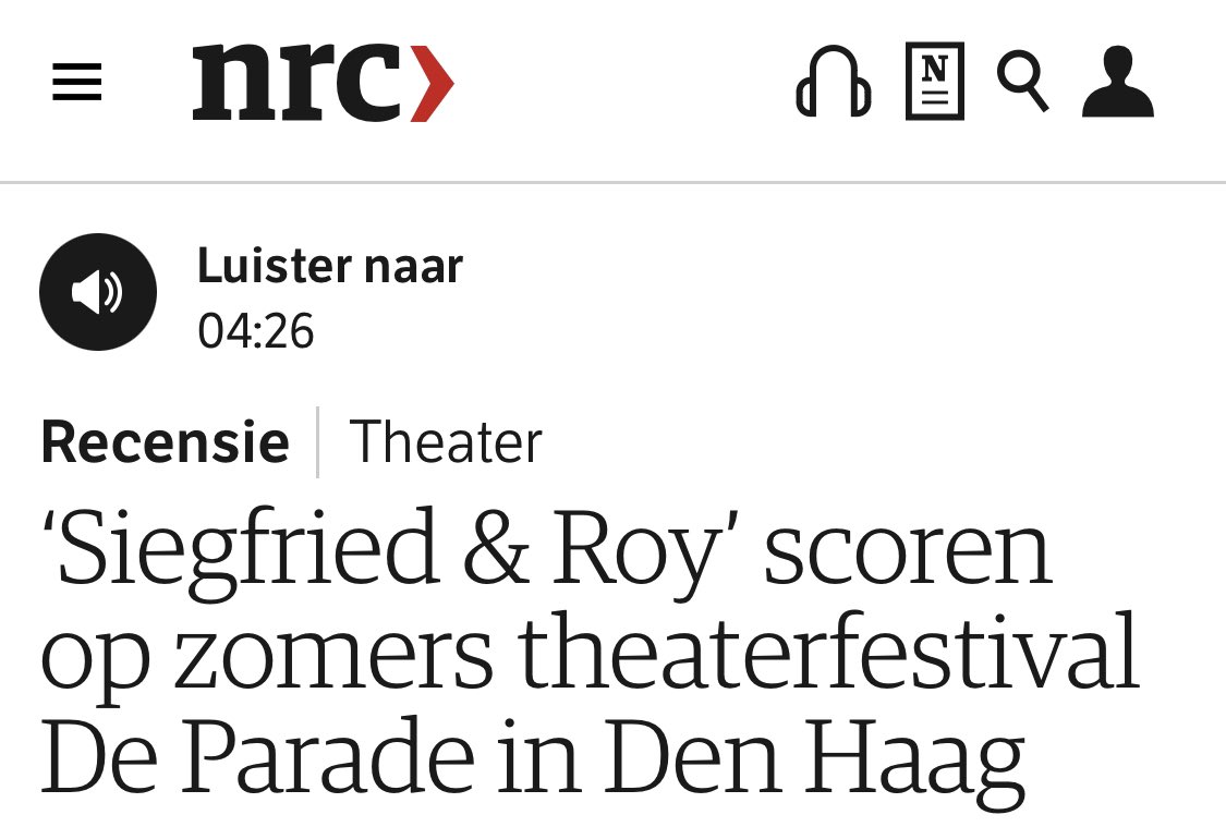 pvoogsgeerd's tweet photo. Lekkere kop in t NRC voor #degrandiozedoodvansiegfriedenroy! Komt dat zien, deze week nog in Den Haag en in augustus nog in Utrecht en Amsterdam!! https://t.co/fXL9SSuT0l