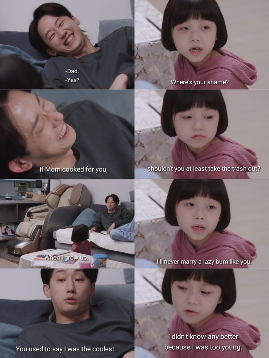 midorawr's tweet photo. "where's your shame? if mom cooked for you, shouldn't you at least take the trash out?"
"i'll never marry a lazy bum like you"

this is actually sad. choryong witnessing and telling how shit her father is. wanna hug my daeul and choryong 🥹 #KingTheLand #KingTheLandEp8 #킹더랜드 https://t.co/X49YisUR3Z