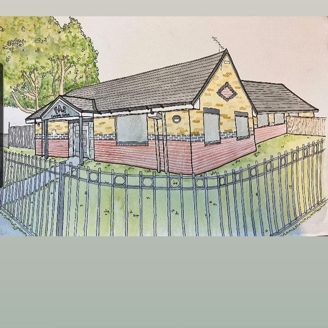 far_centre's tweet photo. Incredible watercolour &amp; pen artwork of @farcentre by @katyjacka_art, in two paintings she shows our past from 2001 &amp; present 2023. Amazing work Katy thank you 👏👏👏 work will shown be on display in far's meeting rooms. #farfamily #legacy #heritage #communityartist #watercolour https://t.co/l8ivp2vyNN