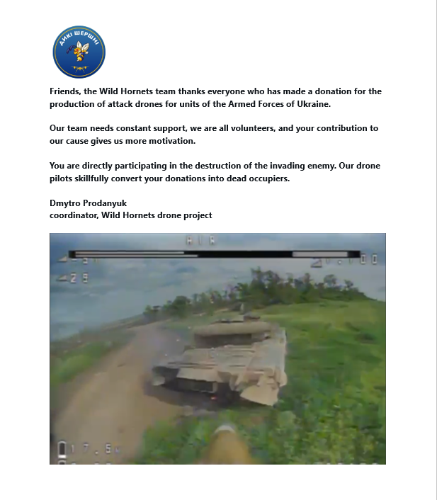 ArmedMaidan's tweet photo. GIVEAWAY

You guys are amazing! The volunteers at Ukraine’s Wild Hornets drone project send heartfelt thanks for your generous donations (see their message and more on these amazing drones below)

To thank you and encourage more, I’m announcing a giveaway

Like, retweet or donate for a chance to get a “Russian warship, go fuck yourself” tank top and copy of the book “War in Ukraine,” the first military history of the all-out war’s early days

Here’s how it’ll work
1) IMPORTANT: Only people with an address in the continental U.S. or Canada are eligible for this giveaway

2) You get one entry for a like, retweet or quote tweet of this post

3) You get one entry for each US$1 in donations (minimum US$5) you make to the Ukrainian charity Svoboda Ukrainy, whose volunteers created and custom-assemble each Wild Hornet drone (send donations via PayPal to this email address: donate@svoboda-ukrainy.com)

4) For a donation to be eligible, send me a screenshot of your donation via direct message or in a comment to this post. Any donation made yesterday (Saturday, July 8) through to Saturday, July 15, 12 pm Eastern time is good

5) Entries end July 15, 12 pm Eastern time, after which I’ll randomly pick one winner and get in touch by direct message. Remember: I’ll need an address in the continental U.S. or Canada to send you your stuff. If I don’t hear back within 72 hours, I’ll pick again

Other details
1) Read my Kyiv Post story (https://t.co/gxhpU4GEA9) on how these pioneering new Ukrainian drones, funded solely by donations, are exploding (pun intended) in popularity with some of Ukraine’s crack and most famed units fighting in the counteroffensive -- because of their low cost, multi-role versatility, high payload capacity, superior performance, customizability and resistance to electronic warfare and geolocation

Among many potential drones, Wild Hornets (Дикі шершні) were chosen by @censor_net, the news site run by well-known Ukrainian military reporter and anti-corruption activist Yuri Butusov, as their exclusive drone fundraising project

2) The tank top is large size

3) The book, by Austrian military author Tom Cooper, is the first military history in English of the start of the full-scale war (https://t.co/TfR3gQ1ic5)

#Ukraine #UkraineCounteroffensive #UkraineRussianWar #UkraineWillWin #Bakhmut #Zaporizhya #RussiaIsCollapsing