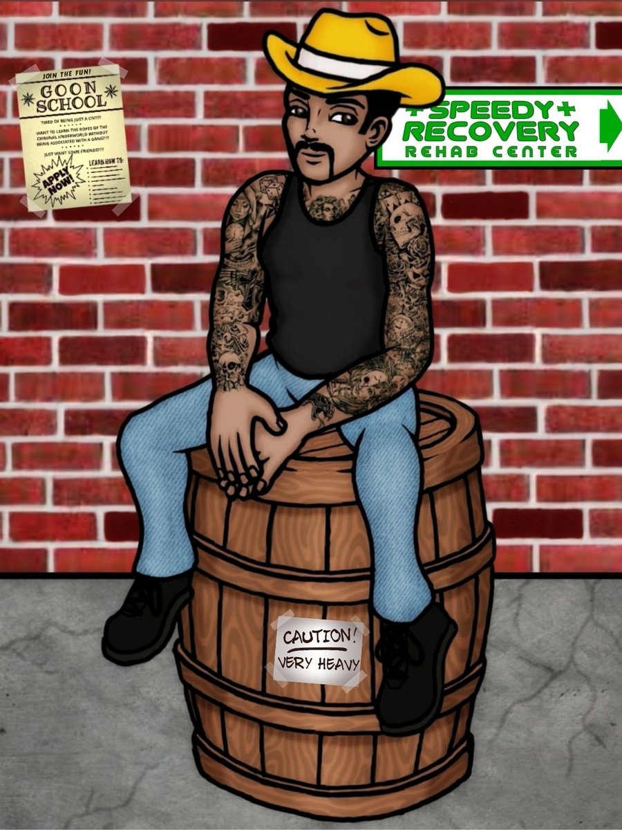 Nicotine_Ink's tweet photo. @SayeeedBlack's character Speedy from #NoPixelWL #GTARP
sitting on a "heavy" wine barrel next to a brickwall with a sign for Speedy Recovery and a flyer for Goon School

#NoPixelFanArt #SpeedyFanart #SayeedBlackFanart #Fanart #GoonSchool #Vagos #Shpeedy #WineBarrelsAreHeavy https://t.co/EynnCQRxsm