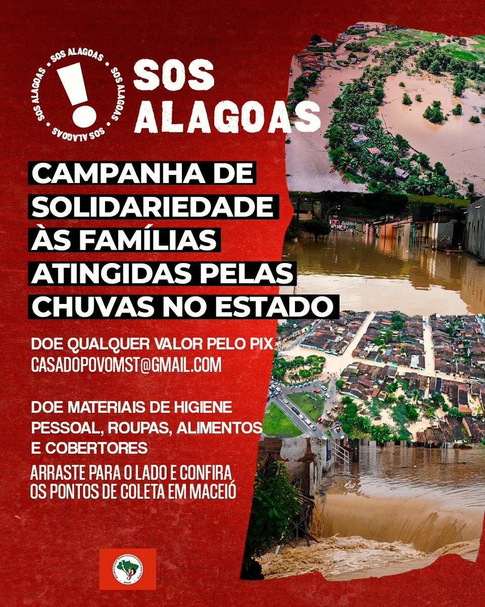DeboraNunesMST's tweet photo. #SOSAlagoas
Conheça os pontos de arrecadação em Maceió e doe roupas, materiais de higiene pessoal, alimentos e etc.
Precisaremos do apoio de todos e de todas nesse momento!
Ajude a compartilhar e fortaleça essa iniciativa com o MST! https://t.co/dDgNTt1AOT