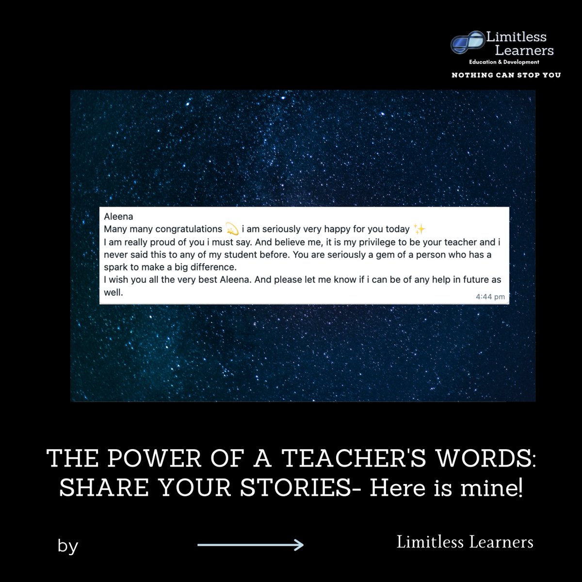 🌟 Share the moments when a teacher's words touched your heart and transformed your life. Let's celebrate the incredible impact educators have on shaping our journeys. ✨📚💙 

#TeachersTouchHearts #TransformativeWords #InspiringEducators #LimitlessLearners
