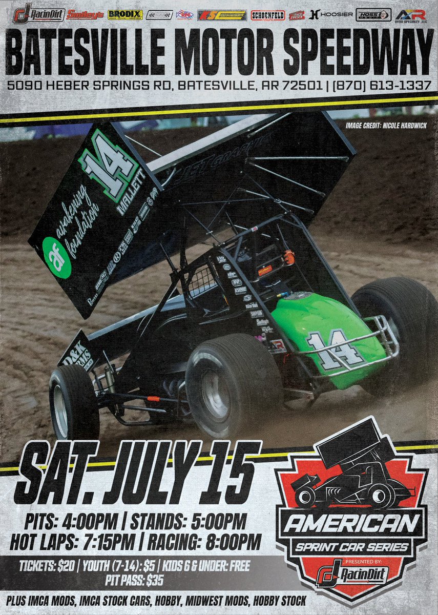 A pair of historic ovals are on tap this week for the American Sprint Car Series presented by RacinDirt.com!

Fri. July 14 - Thunderbird Speedway in Muskogee, Okla. ($4,000 to win)

Sat. July 15 - Batesville Motor Speedway in Batesville, Ark. ($4,000 to win)