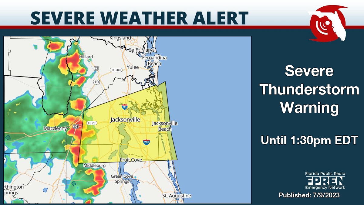 Severe Thunderstorm Warning for Clay, Duval, and St. Johns County until 1:30pm EDT. Details on the Florida Storms app. #flwx https://t.co/a0GnRORtAU