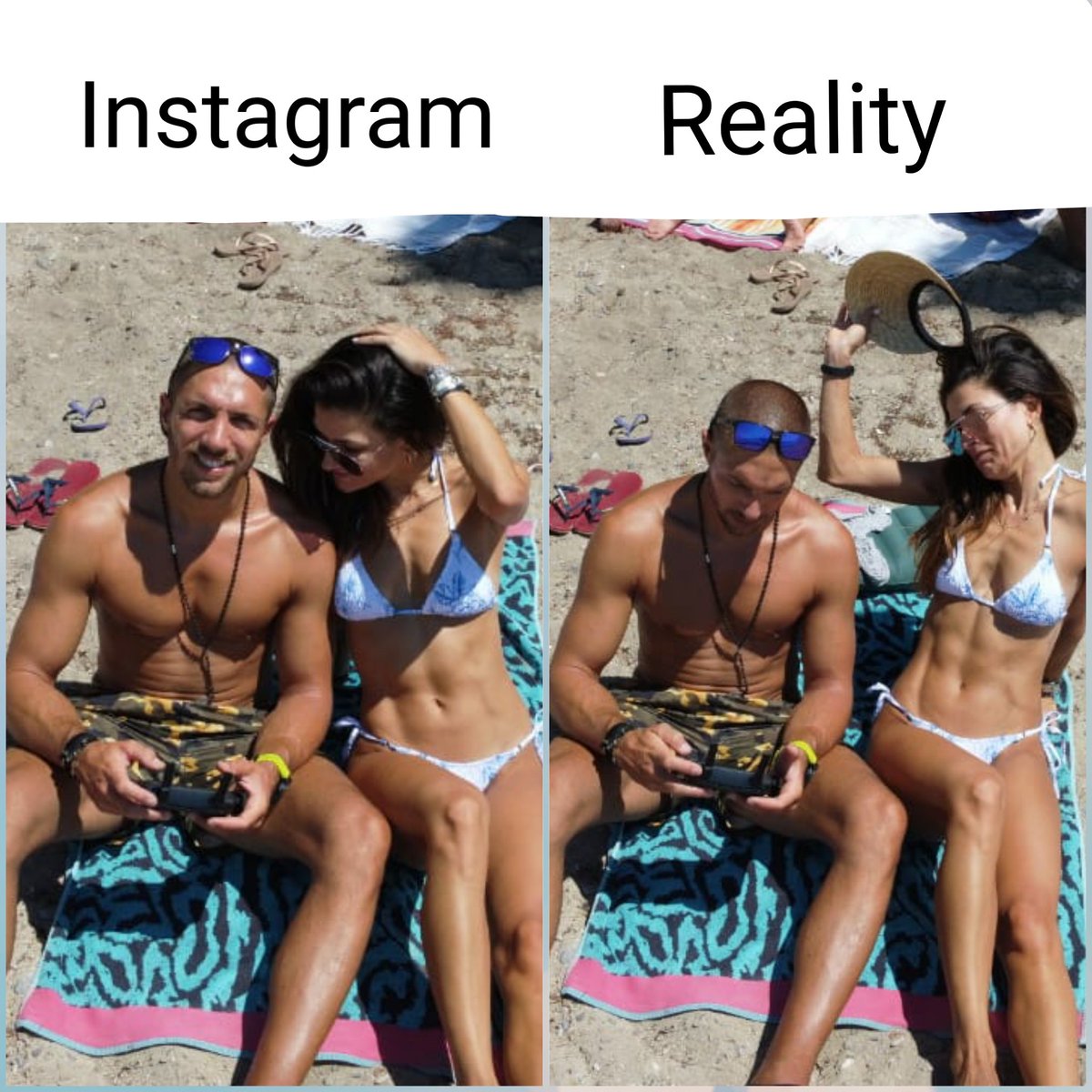 HazoCanadeza's tweet photo. Don't be fooled by those picture-perfect beach shots. We are all struggling over here.. π€£ #KeepItReal #GreekSummer #HitInTheFace #dronelife https://t.co/B3ODfY8os8