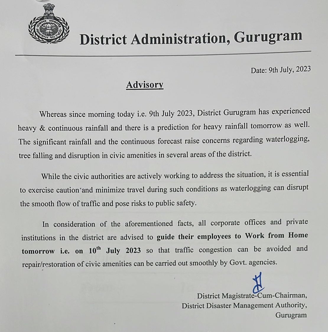 diprogurugram1's tweet image. #Advisory
Whereas since morning today i.e. 9th July 2023, District Gurugram has experienced heavy &amp;amp; continuous rainfall and there is a prediction for heavy rainfall tomorrow as well. The significant rainfall and the continuous forecast raise concerns regarding waterlogging. tree…