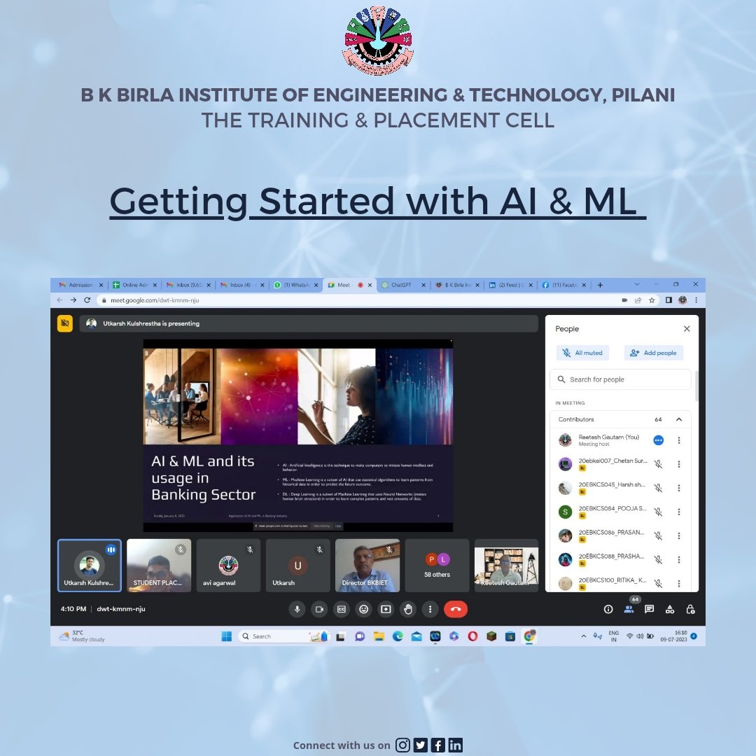 TBkbiet's tweet photo. Here are the glimpses of the session on Artificial Intelligence (AI), Machine Learning (ML), and Natural Language Processing (NLP) organised by The Training and Placement Cell, BKBIET on 9th July, 2023.

#AIWebinar #MLWebinar #NLPWebinar
#TrainingandPlacementCell
#BKBIET #session https://t.co/veuqoDP0FN
