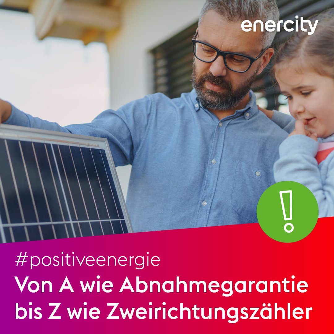 enercity's tweet image. 🌞🔎 Die Welt der Photovoltaik mit unserem kleinen Lexikon! Von A wie Abnahmegarantie bis Z wie Zweirichtungszähler erklären wir die Begriffe rund um Solarenergie.
👉  Link zum Artikel: mehr.enercity.de/pe_solarlexiko… #Solarenergie #Lexikon #Wissen #Energie #Nachhaltigkeit