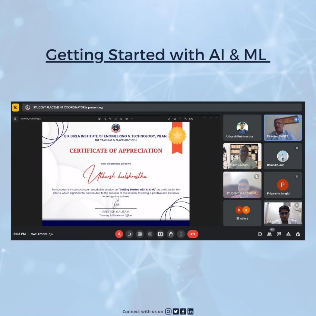 TBkbiet's tweet photo. Here are the glimpses of the session on Artificial Intelligence (AI), Machine Learning (ML), and Natural Language Processing (NLP) organised by The Training and Placement Cell, BKBIET on 9th July, 2023.

#AIWebinar #MLWebinar #NLPWebinar
#TrainingandPlacementCell
#BKBIET #session https://t.co/veuqoDP0FN