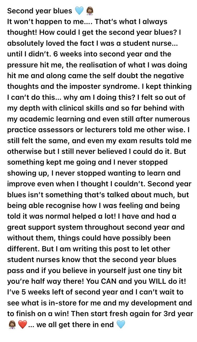SNmegs's tweet photo. This post is a little different than my usual, Iโve been a little quiet throughout 2nd year and this is the reason. If you are experiencing the #secondyearblues please do not be afraid to reach out! Iโm so glad I did ๐ฉต #StudentNurse #selfcareforhealthcare #PositiveVibes https://t.co/AkXULzuuiq
