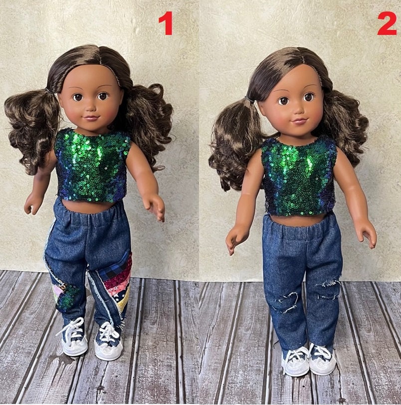 and_beanie's tweet photo. More Coming Later Today! 18in DISTRESSED DENIM Ripped Doll Pants Handmade For American Dolls &amp; Other 18in Dolls. One Of Kind Retro Patchwork Fasion Doll Pants. #distresseddenim #rippedjeans #retrodolljean #dollpatchworkpants #girlsbirthdaygift https://t.co/ff3SZfDHGq https://t.co/2H6kXebzHl