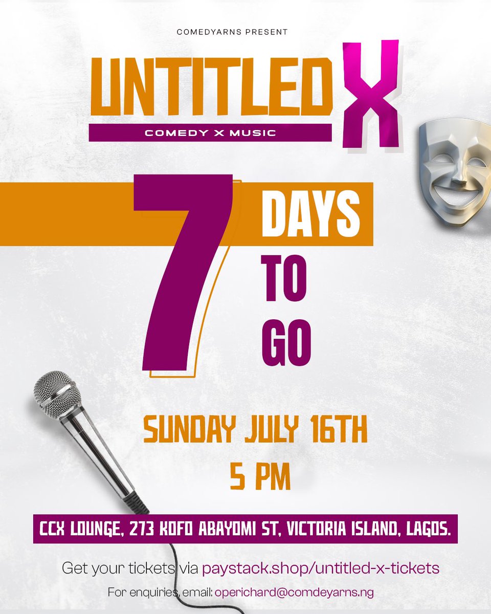Untitled_cbns's tweet photo. 7 days to go guys!!
UntitledX - July 16th, Lagos Nigeria.
Comedy and Music by The New School
-
Get your tickets via the link in our bio
See you soon!!
#UntitledX #UntitledLagos #UntitledCBNS https://t.co/xYf9tFmOms