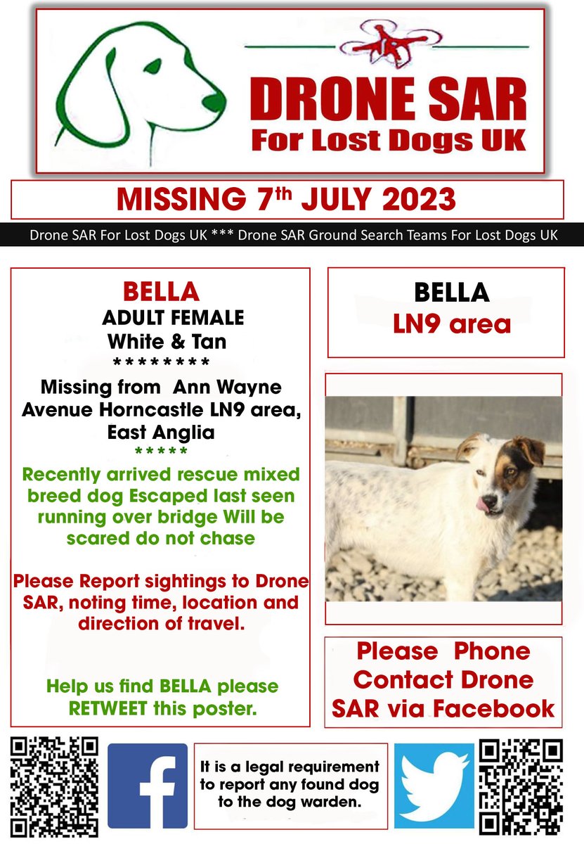#LostDog #Alert BELLA
Female White &amp; Tan (Age: Adult)
Missing from Recently arrived rescue mixed breed dog Escaped from house Ann Wayne Avenue Horncastle last seen running over bridge Will be scared do not chase , LN9 area, East Anglia on Fri, 7th July 2023 #DroneSAR #MissingDog