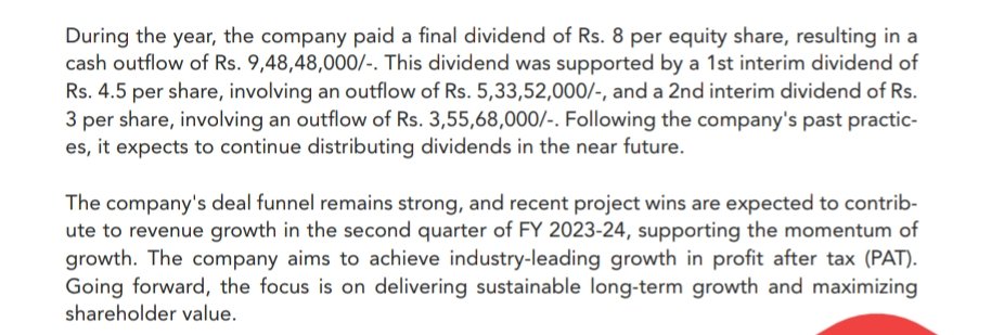 nid_rockz's tweet image. Ksolves
#KSOLVES

AR FY23:

Record FY23 for company in terms of rev, EBITDA,PBT n PAT

Last 4 years of consecutive greater than 40% growth

Excellent return ratios
Both RoE n RoCE 🔥🔥

74% dividend payout ratio
Paid 23.5rs dividend in FY23

&amp;gt;11% sales QoQ growth for 6