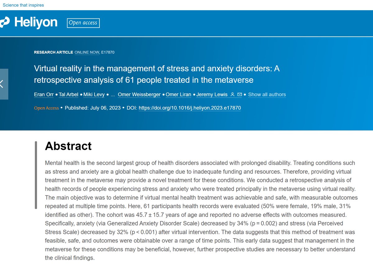 JeremyLewisPT's tweet image. 📢HOT OFF THE PRESS - JUST PUBLISHED ‼️ #openaccess🔓
doi.org/10.1016/j.heli…

VR in the management of stress and anxiety
Retrospective analysis