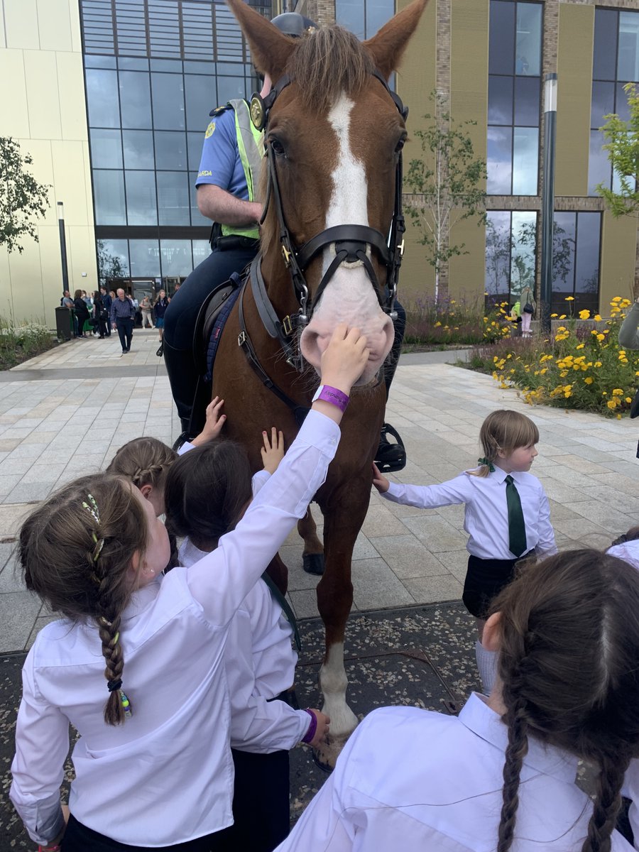 Thanks to the Mounted @GardaTraffic who paid us a visit today at the @LeinsterFleadh here in TU Dublin. Pictured with St. Kevin's Marching Band, Ferns CCÉ Co. Wexford, Aodhán Ó'Maoildeirg and Jody Conway of Leinster Fleadh. @wearetudublin #leinsterfleadh #wearetudublin