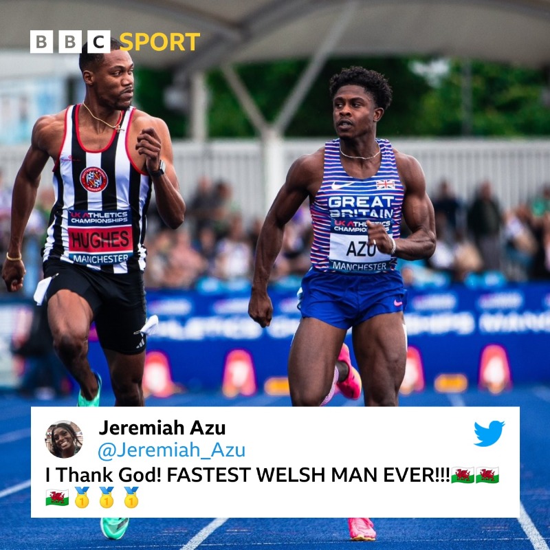 BBCSportWales's tweet image. A HUGE day for Jeremiah Azu yesterday 🔥

Azu broke the Welsh 100m record with 10.08s at the UK Athletics Championships 🏴󠁧󠁢󠁷󠁬󠁳󠁿

#BBCAthletics #Azoom