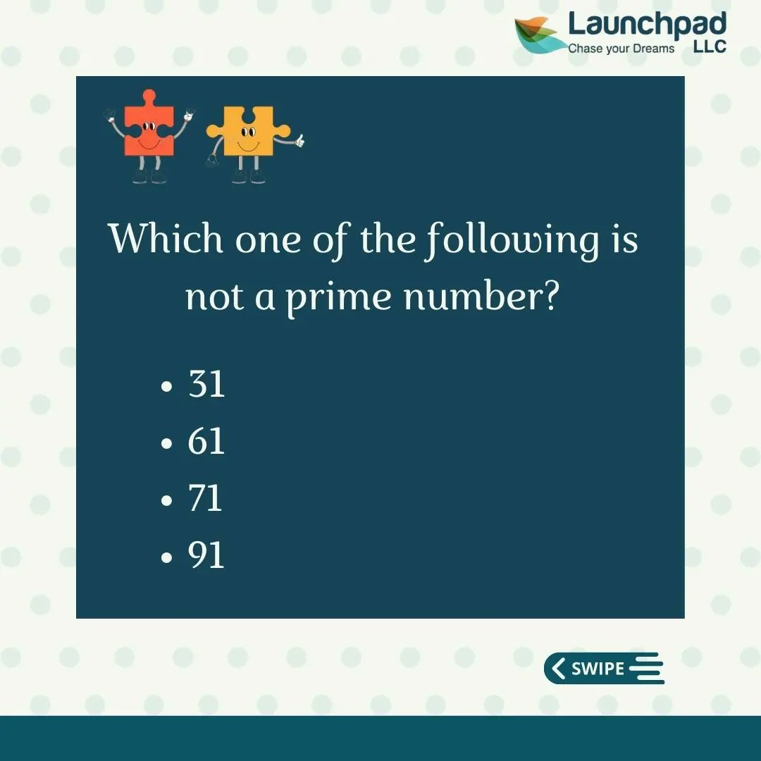 LaunchpadLLC's tweet photo. Puzzle Time
#launchpadllc #launchpad #chaseyourdreams #skilltrainer #skillmoves #skillpath #skilltranining #skilldevelopment #careercounsellingservice #puzzletime #tnpsc #bankexam #competitiveexamquestions #generalknowledge #primenumber #mathematics #maths #solve #find https://t.co/RzQTPPdq0L