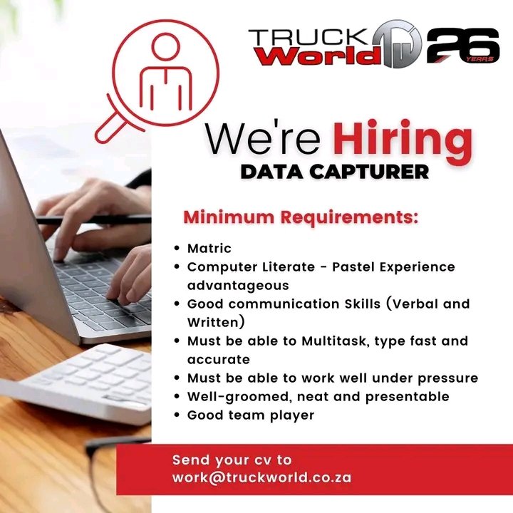 CarolBoitumelo1's tweet photo. We're HIRING 💻

📌 Data Capturer 

Send you CV to ➡ work@truckworld.co.za if you meet all the minimum requirements. https://t.co/w8C3ZnurgX