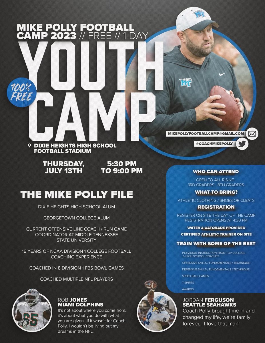 DixieHeightsFB's tweet photo. Free camp Thursday at Dixie Heights  hosted by Dixie’s own @CoachMikePolly. Great opportunity for grades 3-8th  to learn the game and get better! #WinTheDay #ColonelPride https://t.co/kxofGM2f6k