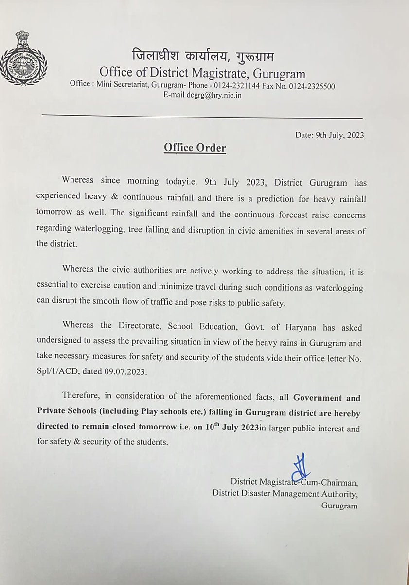 DC_Gurugram's tweet photo. #Information | Due to the relentless downpour and the forecast of more rain tomorrow, all Government and Private schools in Gurugram district will remain closed for the safety and well-being of students and staff. https://t.co/8TrXxXuzz1
