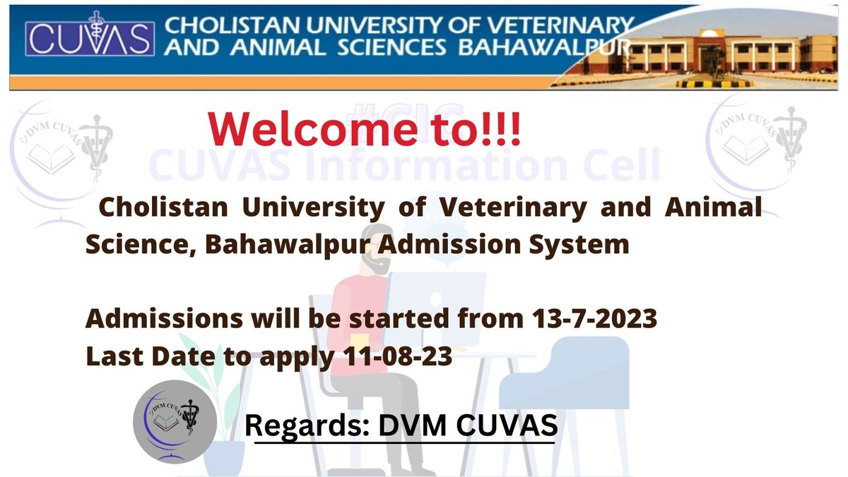 DvmCuvas's tweet photo. √GET READY FOR ADMISSIONS FALL 2023

Admissions will be started from 13-7-2023
Last Date to apply 11-08-23
 #CUVAS #cic
@CUVAS_Official https://t.co/iJ6NOterc3
