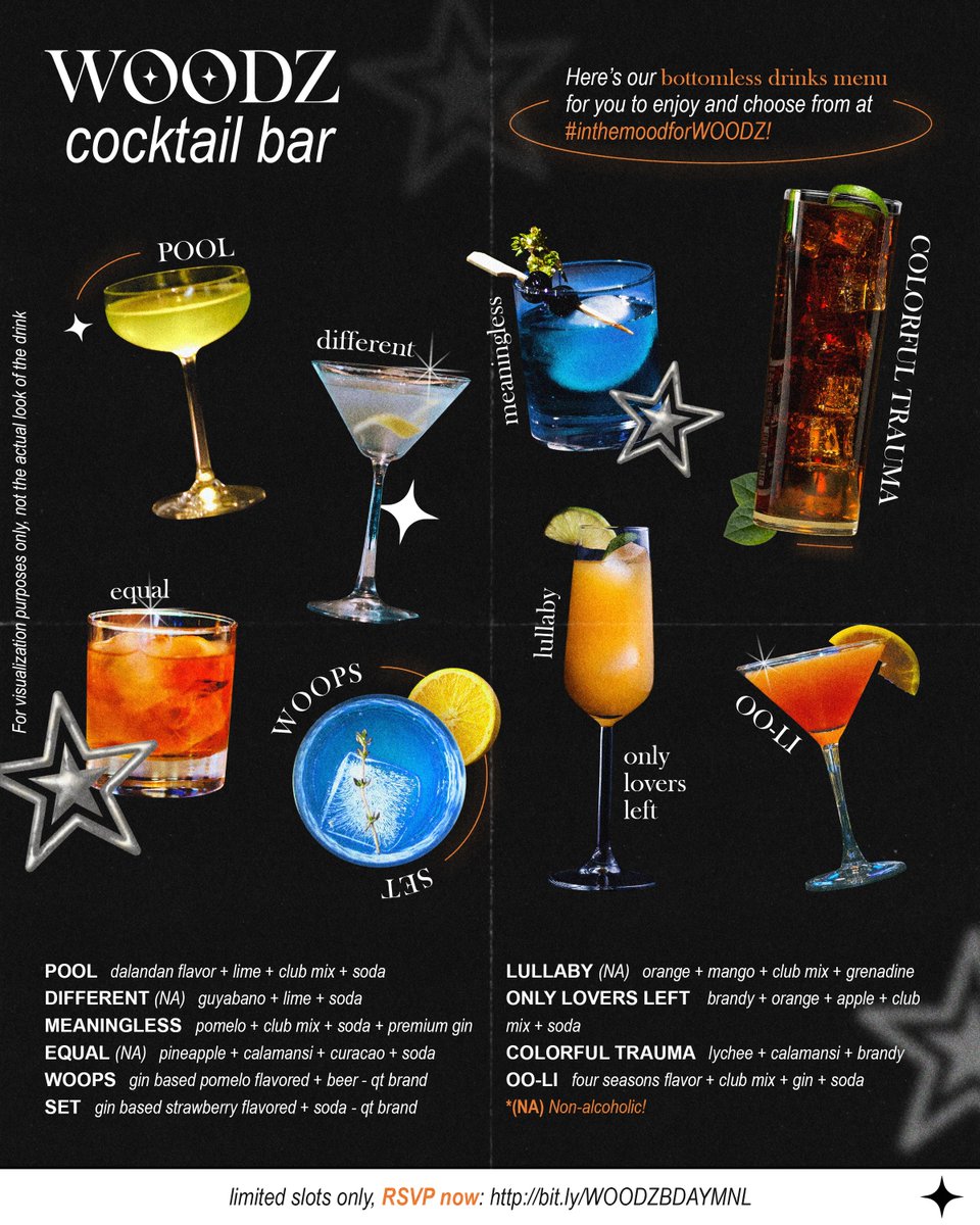 WOODZBDAY_MNL's tweet photo. Ready to drink and have fun at #inthemoodforWOODZ?
Here's our WOODZ inspired cocktail menu crafted for everyone to enjoy, including some non-alcoholic drinks! ๐ธ๐น
Join us celebrate our rockstar's day ๐ฑ๐ธ
RSVP here: https://t.co/4RCM2jzt1Y
#์กฐ์น์ฐ #WOODZBDAY_MNL https://t.co/6pAzkINUjB