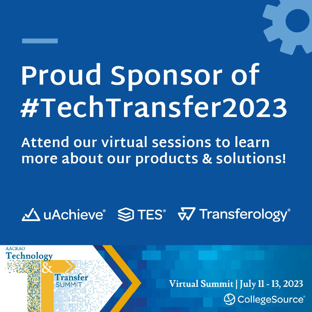 CollegeSource's tweet image. CollegeSource is proud to be the premier sponsor of the @AACRAO #TechTransfer2023 Summit. Join virtually to catch our sessions: A Simplified Transfer Process using TES + Transferology and  Streamline and Enhance Transfer Evaluation with uAchieve + TES. See you there!