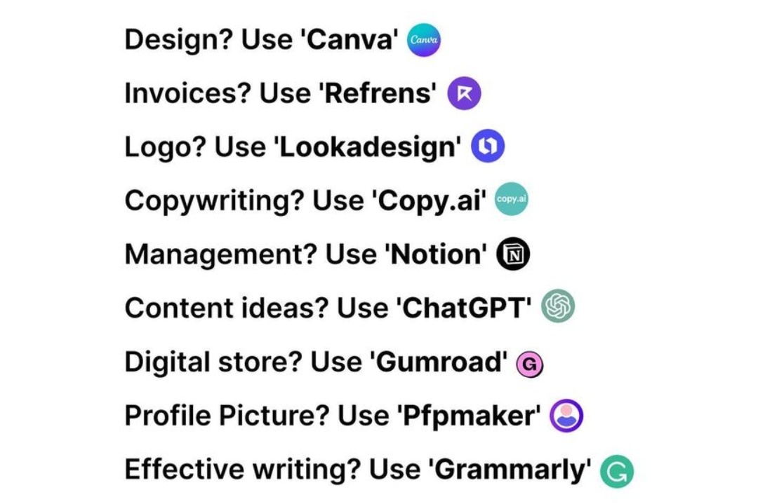 10 No-Code tools for startups:

1. Canva — Graphics
2. Notion — Organize
3. Webflow — Website
4. Beehiiv — Newsletter
5. Senja — Testimonials
6. CopyAI — Copywriting
7. ChatGPT — Knowledge
8. Tweetlify — Tweet scheduling
9. Pfpmaker — Profile Picture
10. Grammarly — Effective
