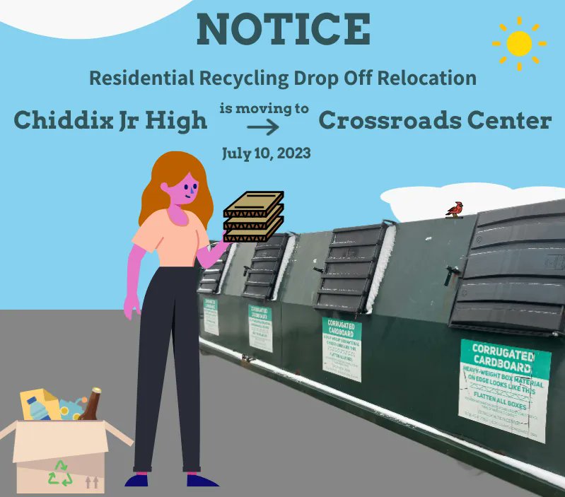 Reminder! Tomorrow, July 10th, the Residential Recycling Drop-off at Chiddix Jr High will permanently be moving to the Crossroads Center on Wylie Dr.